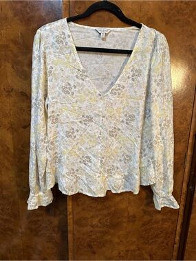 Lucky Brand Women's Floral V-Neck Blouse - Cream, Light Yellow, Soft Gray